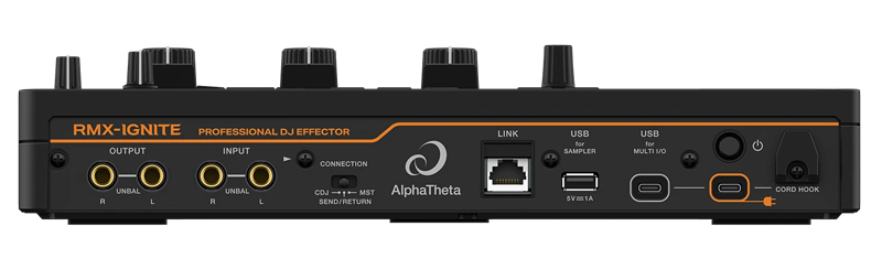 AlphaTheta RMX-IGNITE Rückseite mit PRO DJ LINK und USB Anschlüssen